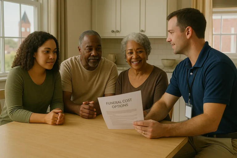 Senior couple with adult daughter meeting a local advisor in Newberry, SC, reviewing funeral cost options