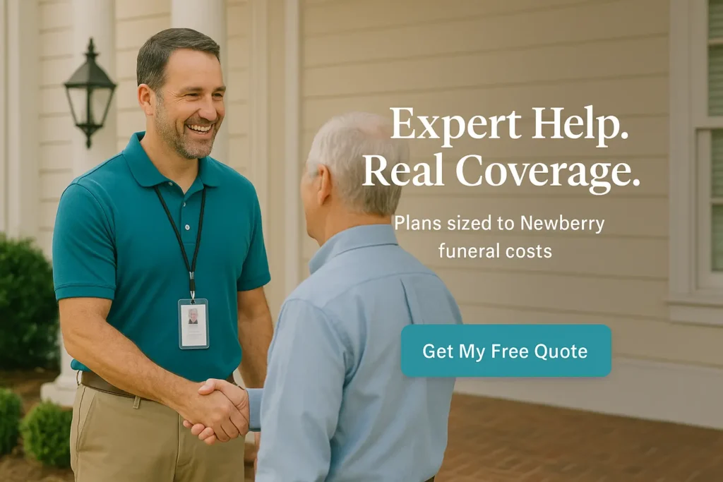 Local insurance advisor greeting a senior outside McSwain-Evans area, friendly and professional