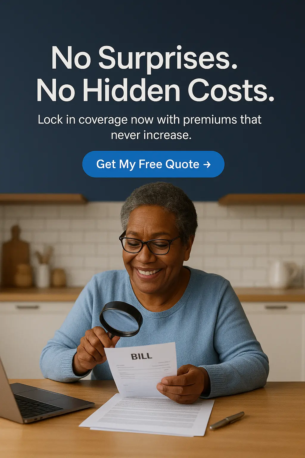 Senior woman reviewing bills at kitchen table with relief, representing no hidden costs in final expense coverage