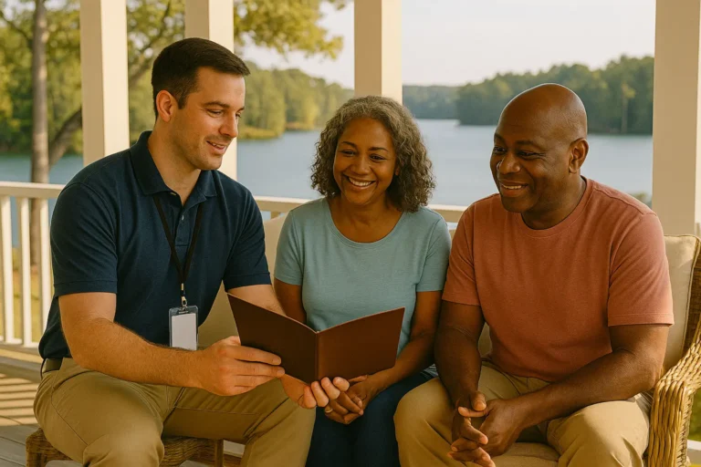 Local insurance advisor helping Oconee County senior couple on a Lake Keowee porch with simple final expense options