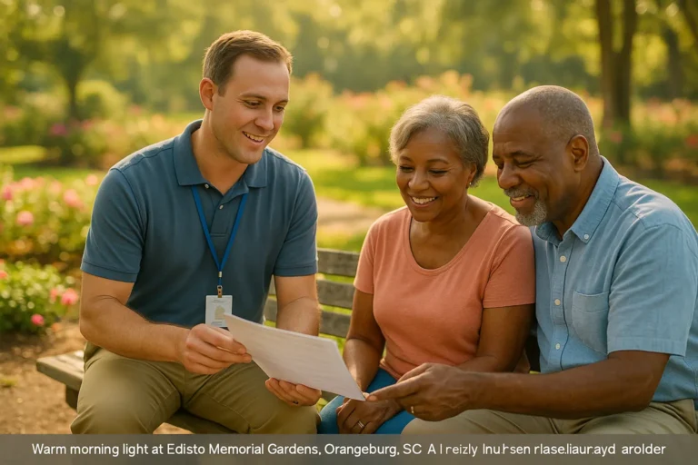 Senior couple with local advisor near Edisto Memorial Gardens discussing Orangeburg final expense options