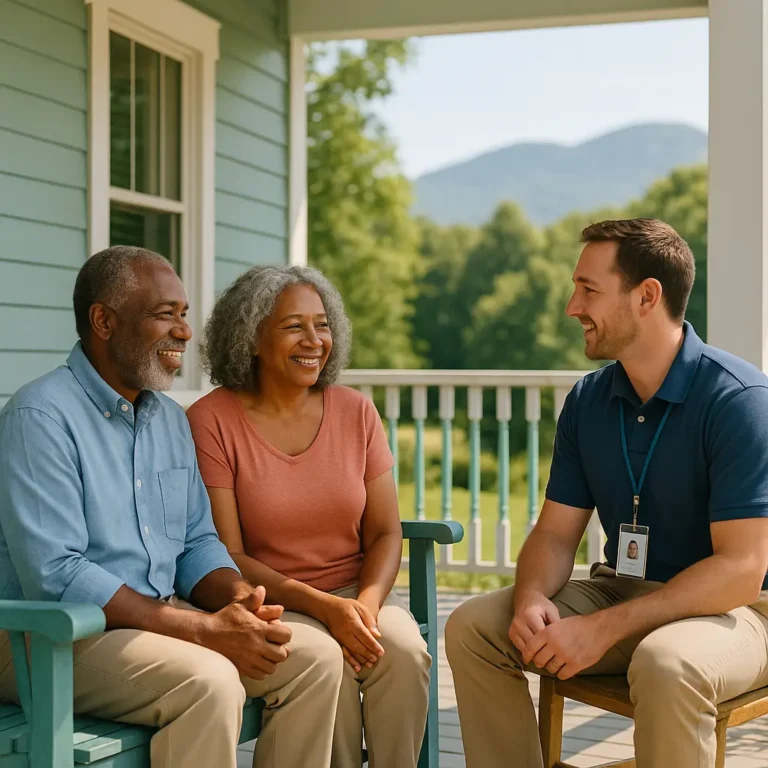 Senior couple in Pickens SC discussing final expense options with a local advisor on the porch