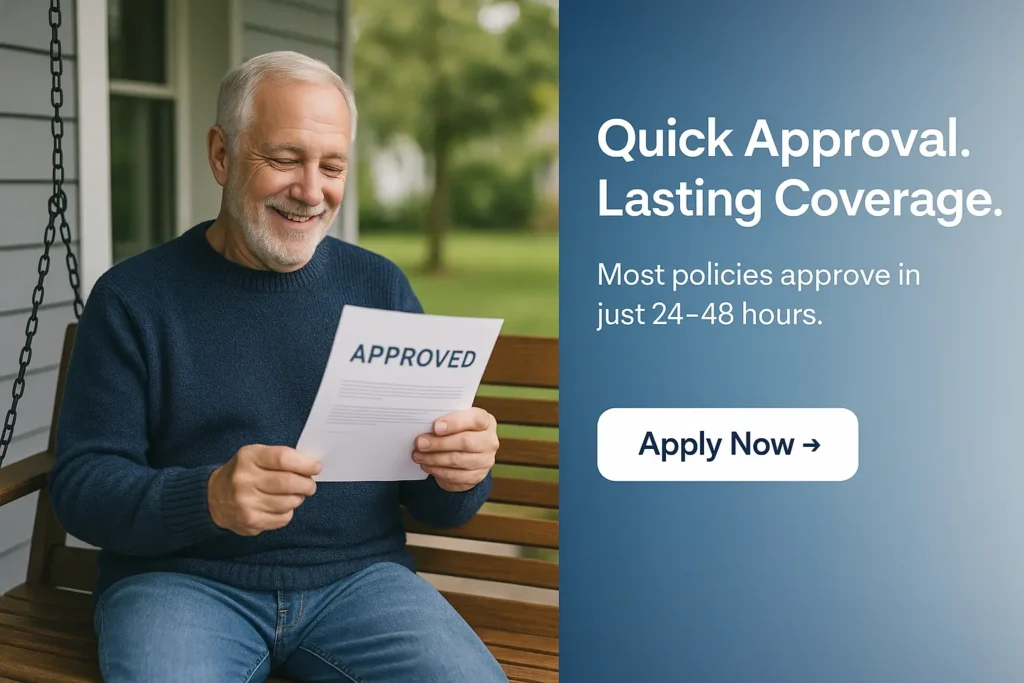 Senior man on porch swing holding approval letter, representing fast approval for final expense insurance