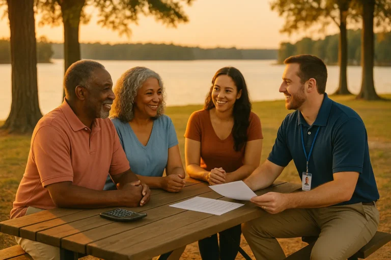 Senior couple with adult daughter by Lake Murray, discussing final expense options with local advisor in polo and lanyard