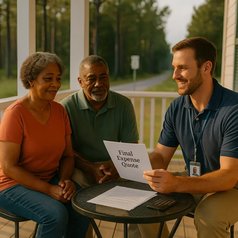 Friendly local insurance advisor meeting Saluda County senior couple on a shaded front porch, discussing funeral coverage options