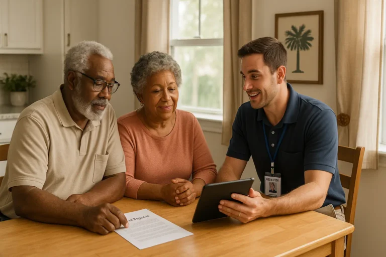 South Carolina senior couple meeting a local insurance agent at home to discuss final expense coverage