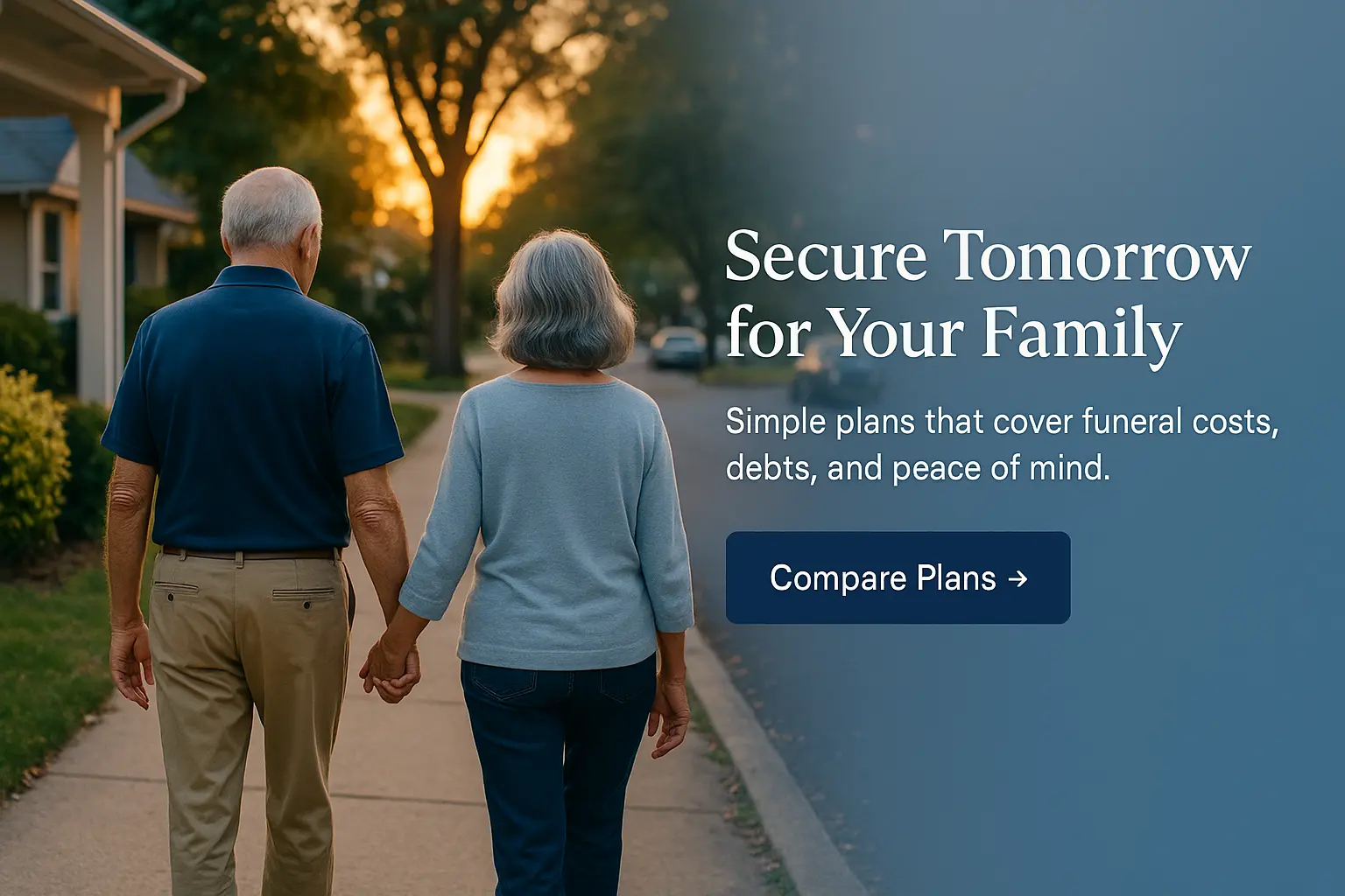 Senior couple walking hand in hand at sunset, symbolizing security and peace of mind with final expense insurance