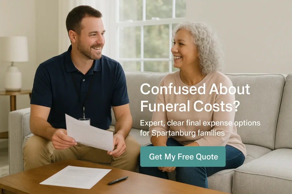 Local advisor with ID lanyard meeting a Boiling Springs senior at home to discuss final expense plans.