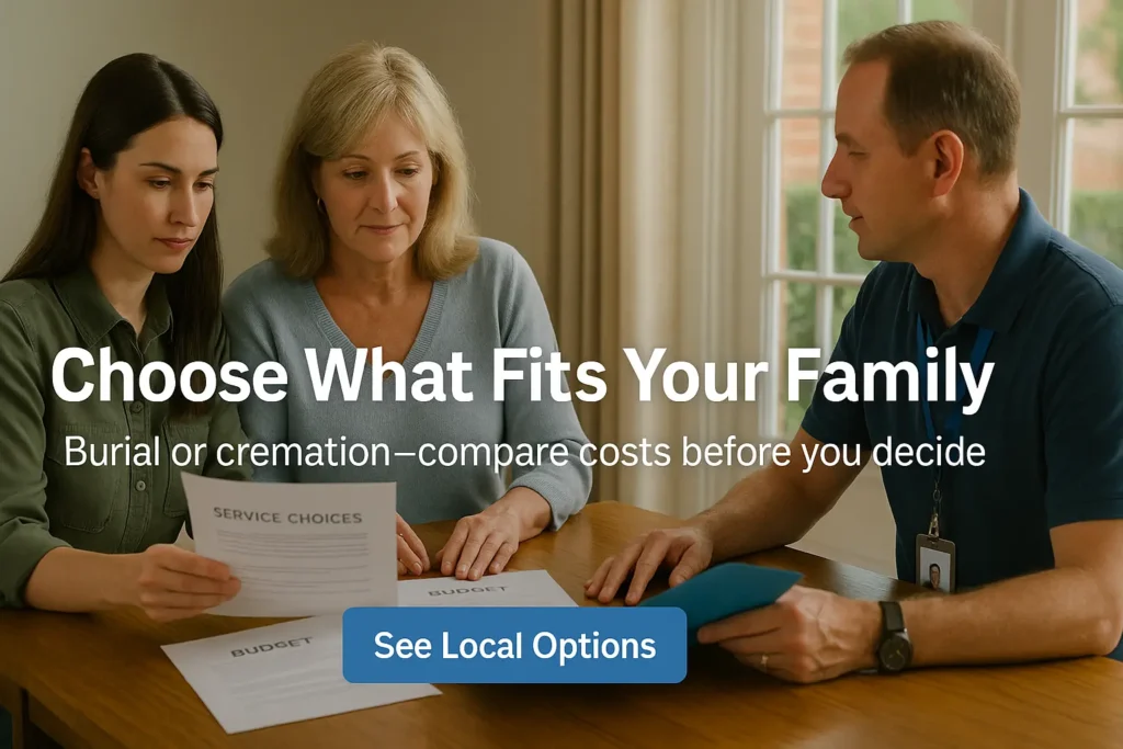 Senior daughter and mother reviewing funeral preferences with a local advisor in Spartanburg.
