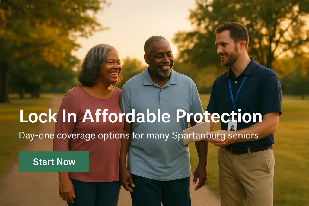 Senior couple walking near a Spartanburg park discussing affordable funeral coverage.