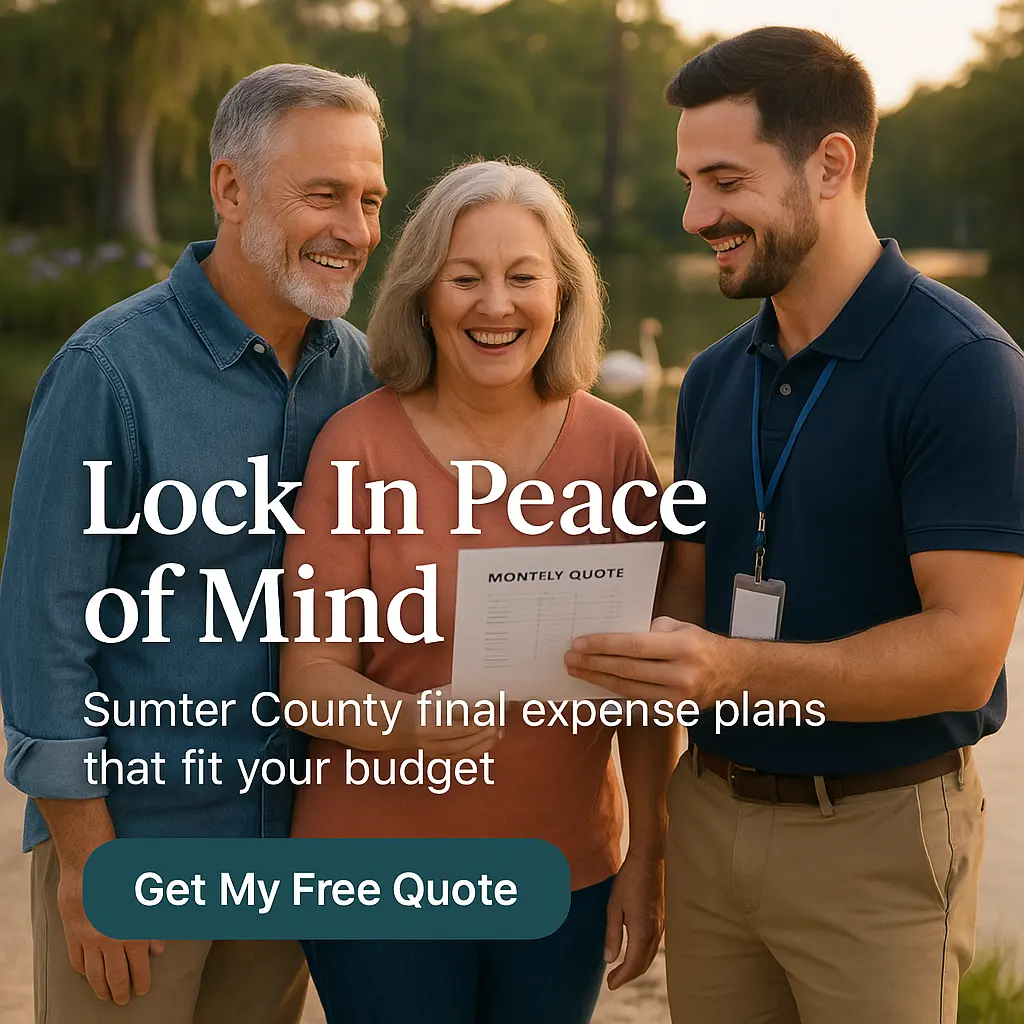 Smiling Sumter seniors by Swan Lake with agent offering a simple quote