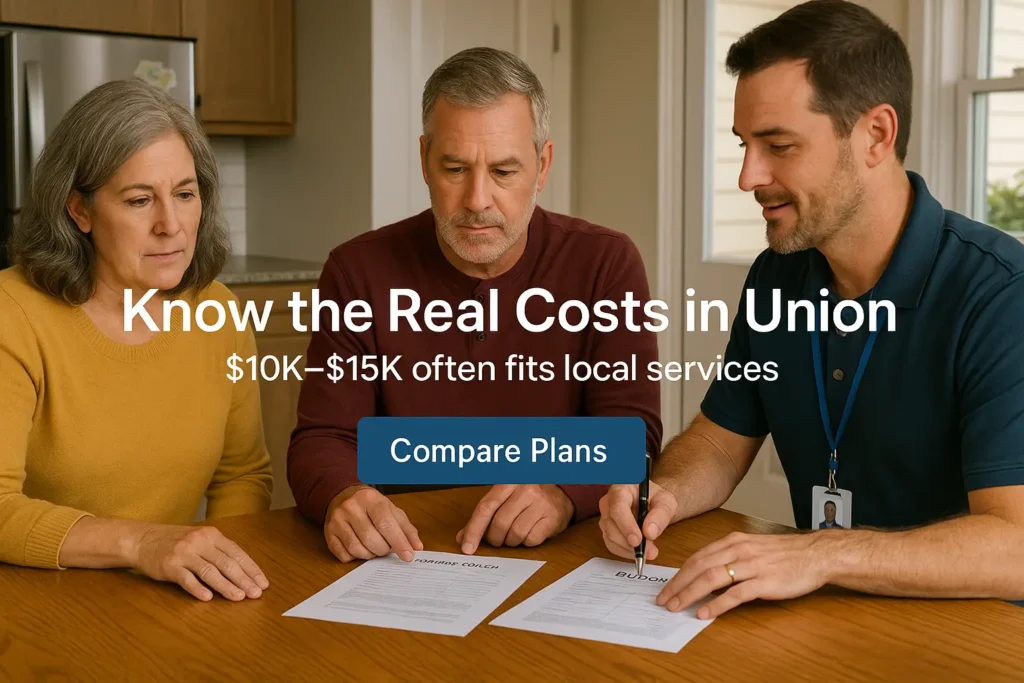 Seniors reviewing funeral plan options with a local advisor at a kitchen table