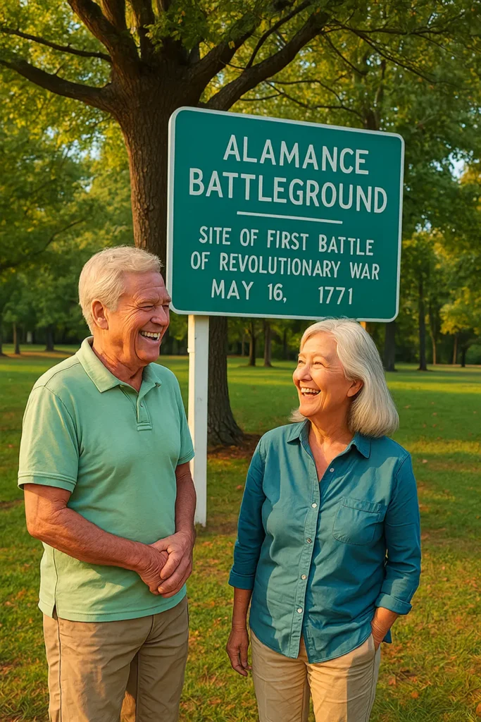 Seniors with local advisor near Alamance Battleground sign in Burlington, NC