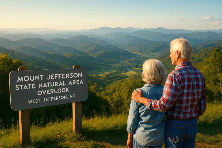 Senior couple with local advisor near Mount Jefferson overlook in West Jefferson, NC