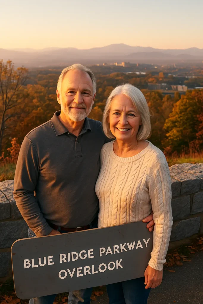 Senior couple with local advisor near Biltmore Estate and Blue Ridge Parkway overlook in Asheville