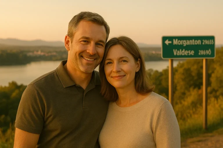 Senior couple with local advisor near Lake James overlook in Morganton NC, Heritage Funeral and Forest Hill references in background signage