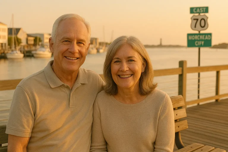 Senior couple with local advisor near Morehead City waterfront and Beaufort harbor, final expense planning