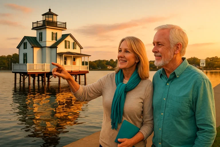 Seniors walking near Roanoke River Lighthouse on Edenton Bay with Arrowhead Beach shoreline in the distance