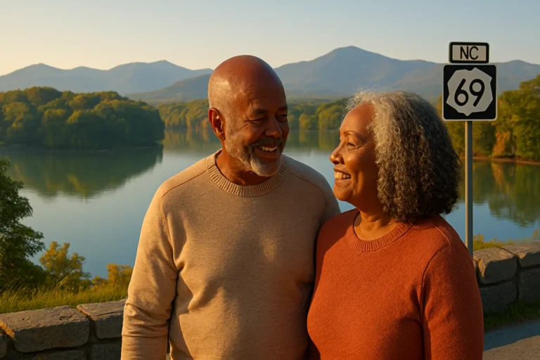 Senior couple with local advisor near Lake Chatuge overlook in Hayesville NC