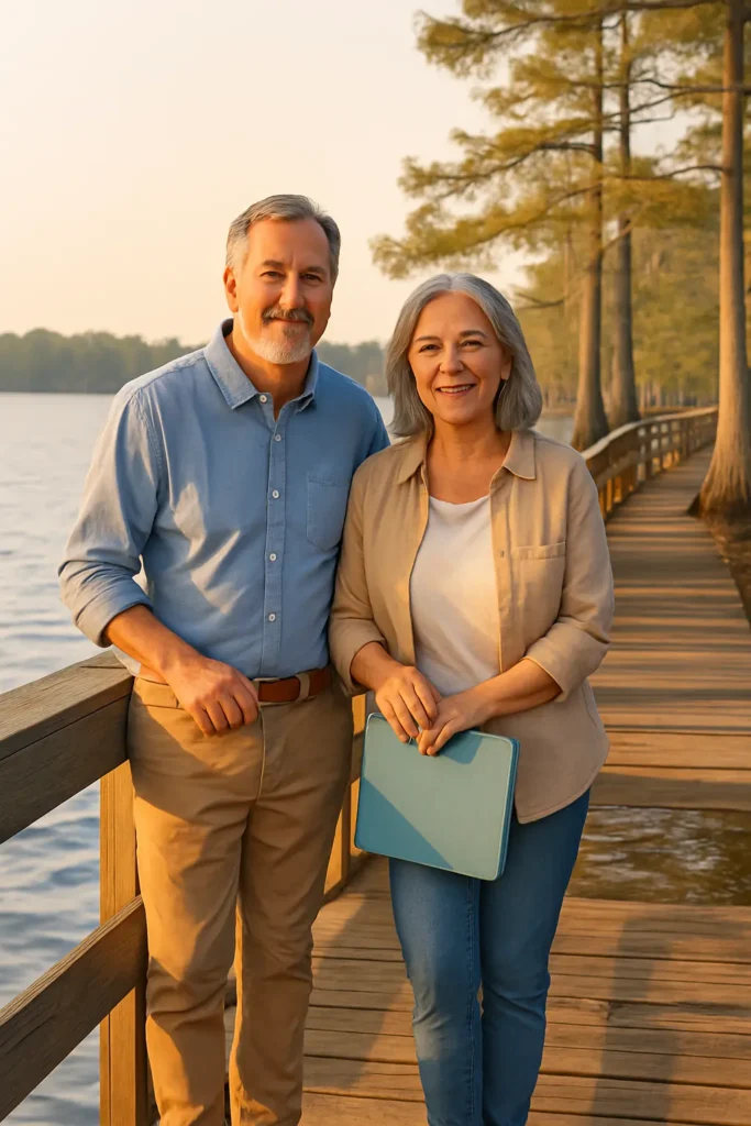 Senior couple with local advisor at Lake Waccamaw boardwalk near Whiteville, gentle morning light