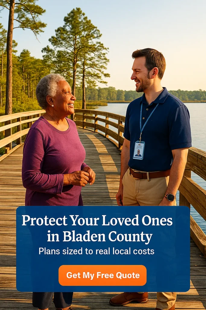 Advisor and senior woman on boardwalk at Jones Lake State Park reviewing funeral insurance options