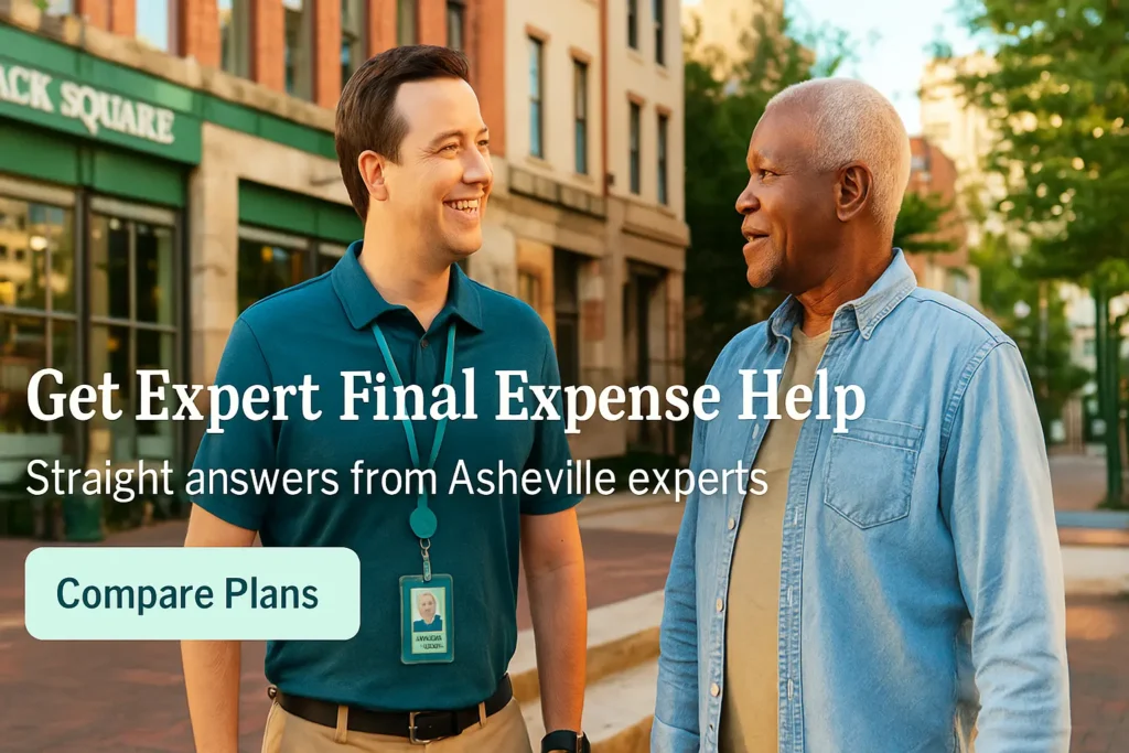 Local insurance advisor meeting a senior near Pack Square in Downtown Asheville