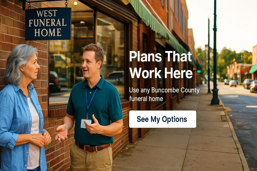 Senior woman and advisor on Weaverville Main Street with West Funeral Home nearby