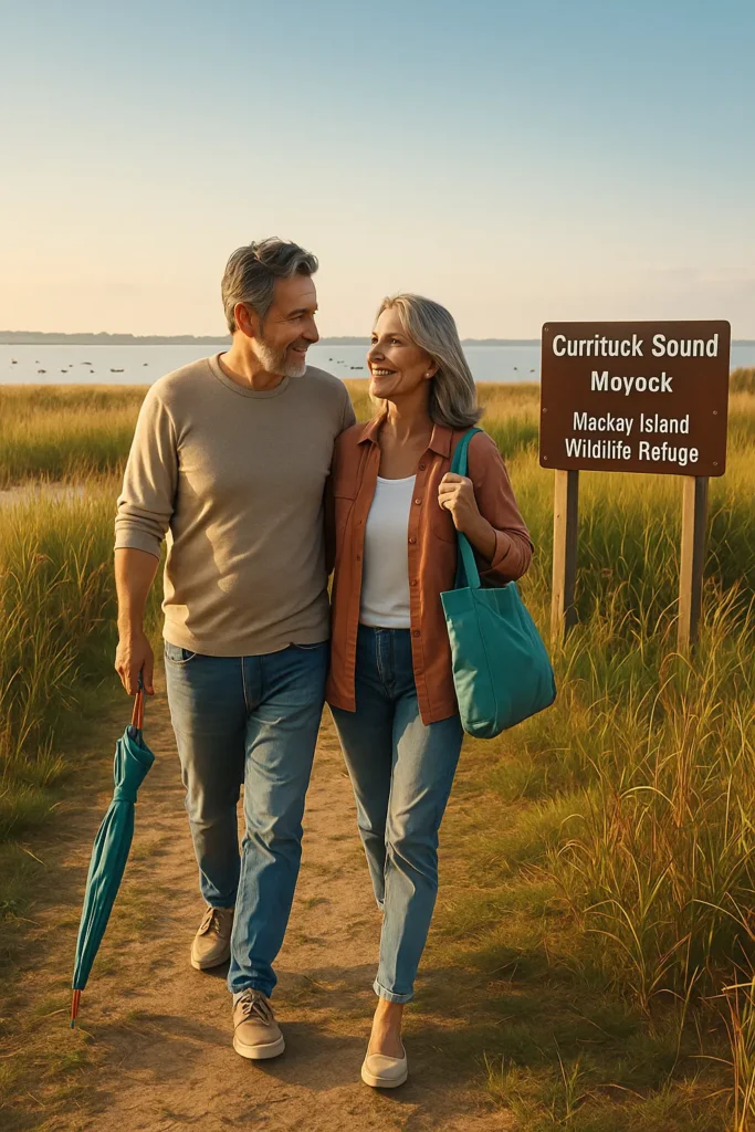 Seniors walking near Currituck Sound with Mackay Island in the distance, friendly local advisor greeting them