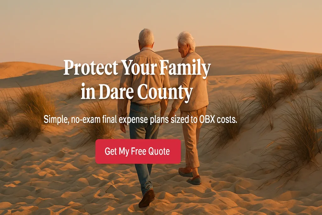Seniors at Jockey’s Ridge State Park dunes at sunset with space for CTA overlay