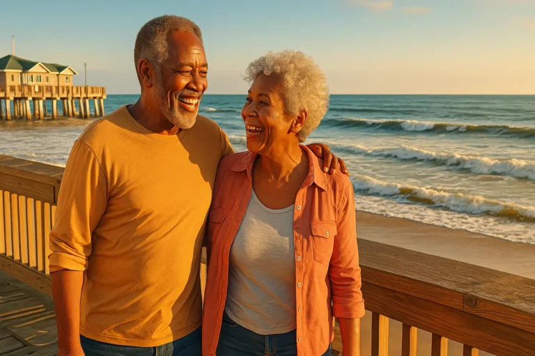Senior couple with local advisor at Jennette’s Pier in Nags Head, planning final expense coverage