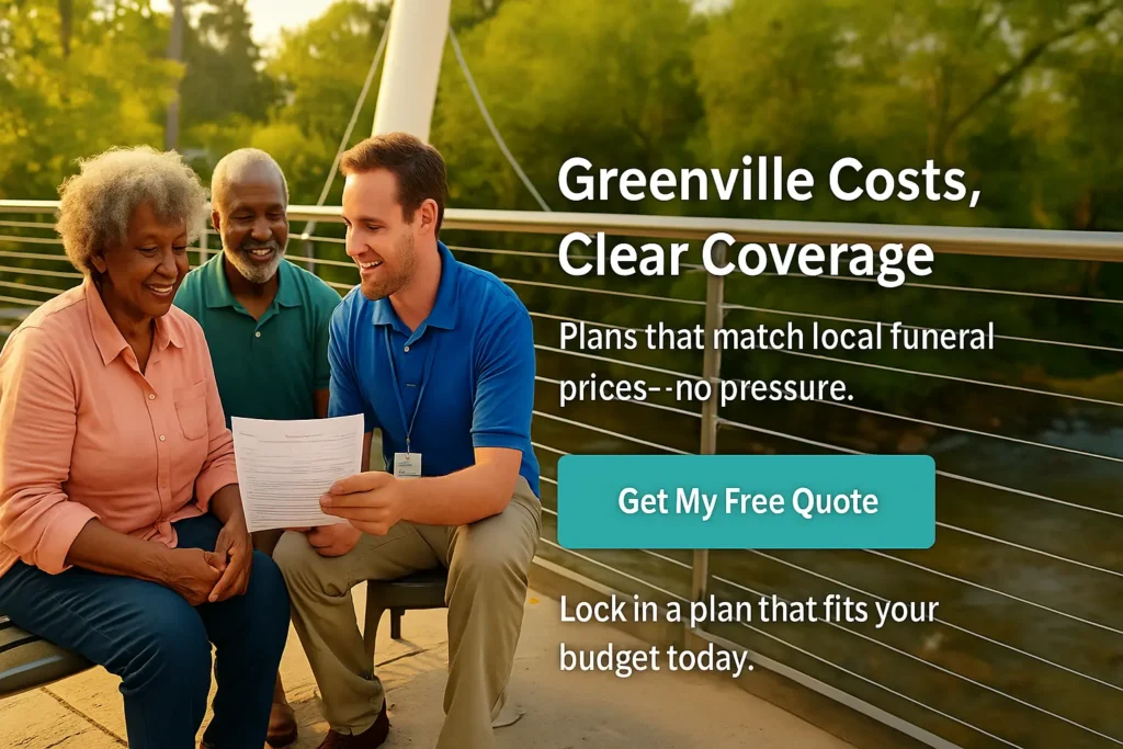 Greenville seniors on bench by Liberty Bridge with advisor showing a one-page quote