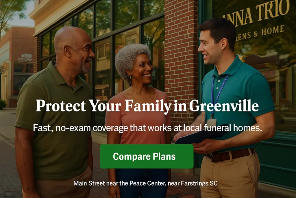 Advisor with seniors near Peace Center on Main Street discussing final expense plans