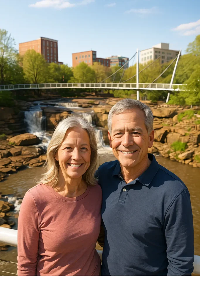 Senior couple with local advisor near Falls Park on the Reedy, Greenville SC, reviewing simple final expense options