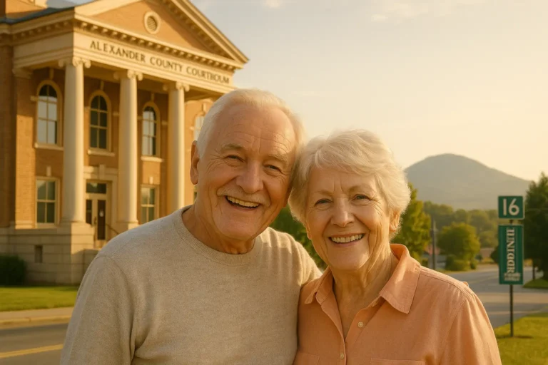 Senior couple with local advisor near Alexander County Courthouse, Highway 16 sign, and Rocky Face Mountain in background