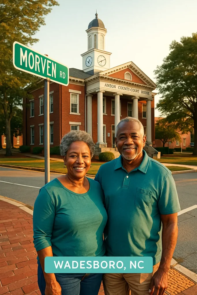 Senior couple with local advisor near Anson County Courthouse and Morven Road in Wadesboro, North Carolina