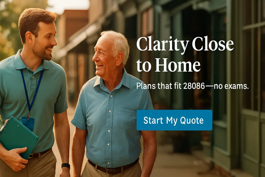 Senior and advisor walking along Kings Mountain Main Street, relaxed conversation with storefronts