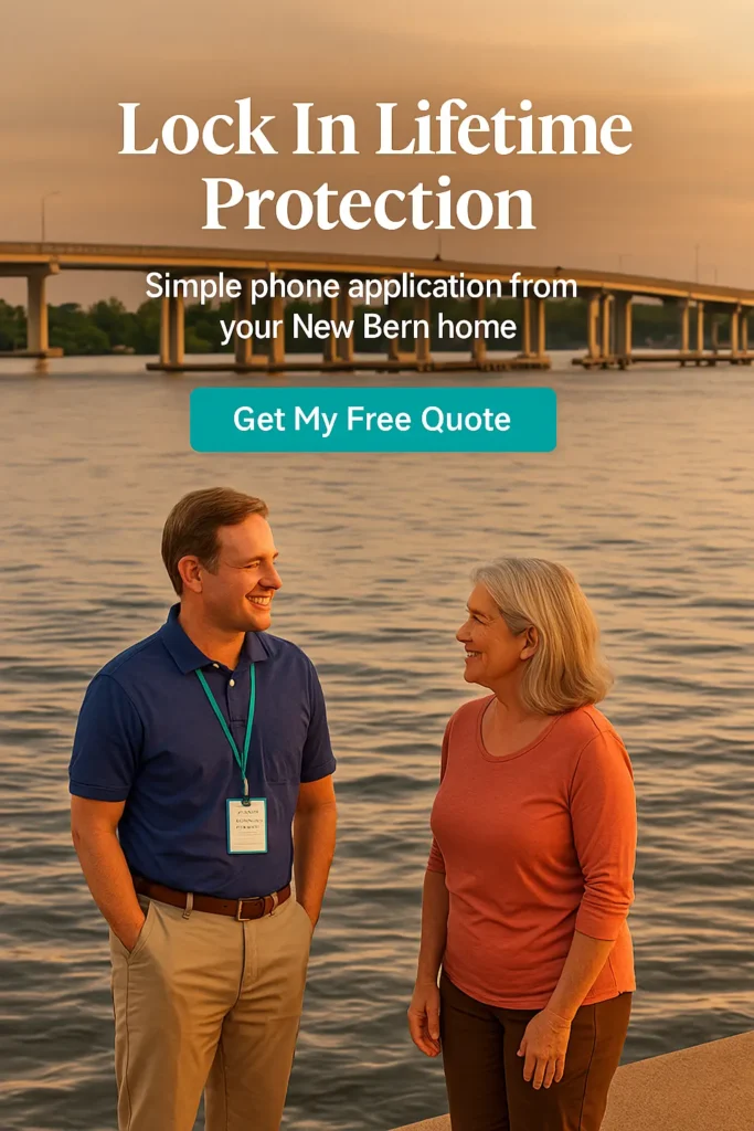 Local advisor and senior near Alfred Cunningham Bridge in New Bern, with open sky for overlay