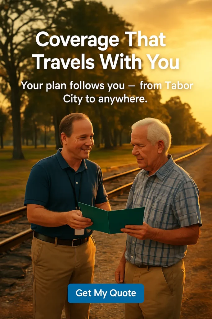 Advisor and senior talking near the Tabor City rail park with teal folder