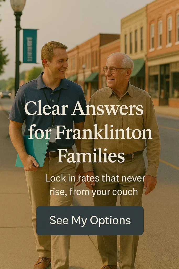 Senior and advisor walking near Franklinton town center discussing coverage