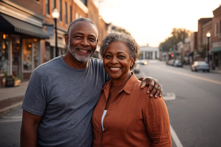 Seniors with local advisor on Mocksville Main Street discussing final expense plans near Eaton Funeral Service