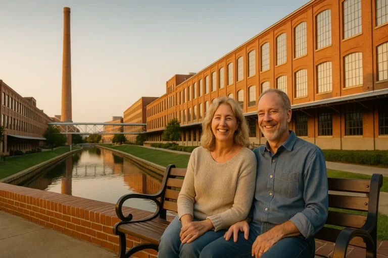 Seniors speaking with a friendly advisor by the American Tobacco Campus in Durham, with Durham skyline and Eno River walkway in warm light.