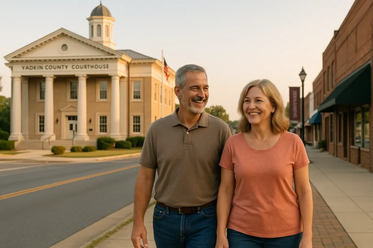 Yadkin County Courthouse and downtown Yadkinville scene at sunset, warm community focus