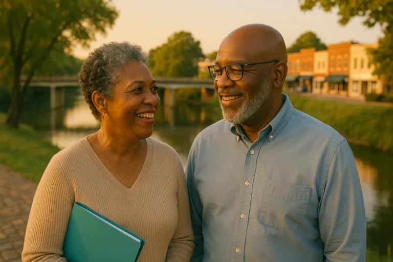 Senior couple and friendly local advisor by the Tar River Bridge in Louisburg, NC, discussing final expense plans