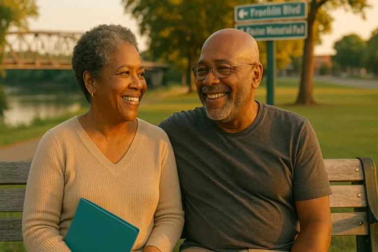 Senior couple and local advisor near Stowe Park with South Fork River bridge in background, Gaston County