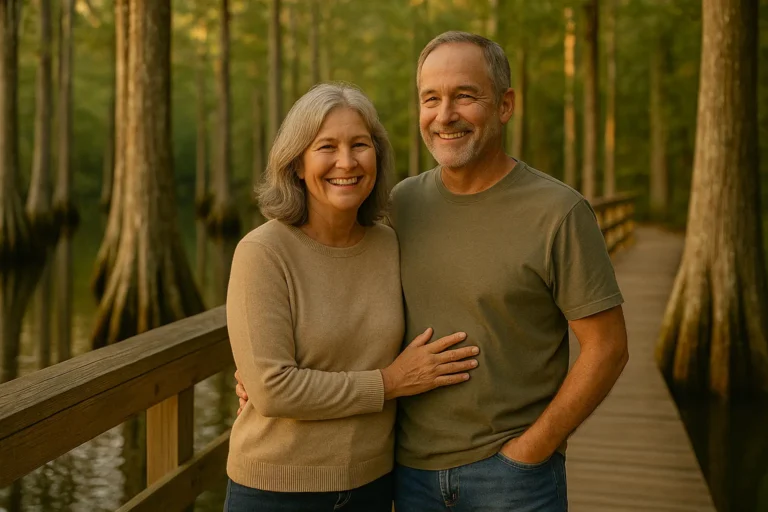 Senior couple with local agent near Merchants Millpond State Park boardwalk in Gates County, NC