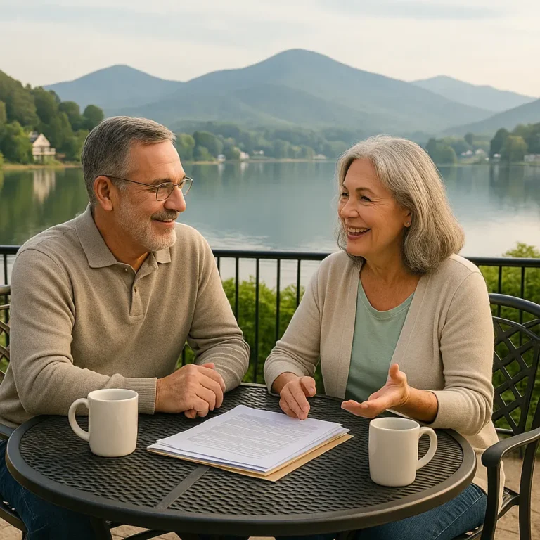 Smiling Haywood County senior couple talking with local insurance agent by Lake Junaluska with Blue Ridge Mountains in the background