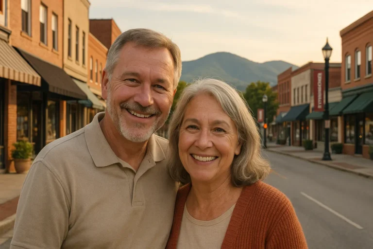 Senior couple with local advisor on Hendersonville Main Street, Blue Ridge Mountains in background