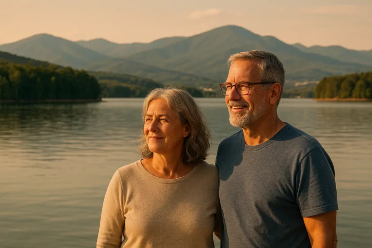 Senior couple with local advisor at Lake James overlook in McDowell County, NC