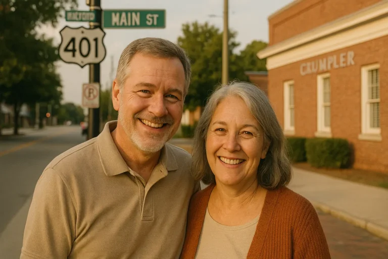 Senior couple with local Hoke County advisor near Raeford Main Street and Highway 401 sign, discussing final expense plans