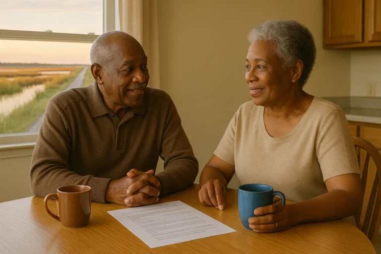 Senior couple in Hyde County talking with local insurance advisor near Lake Mattamuskeet